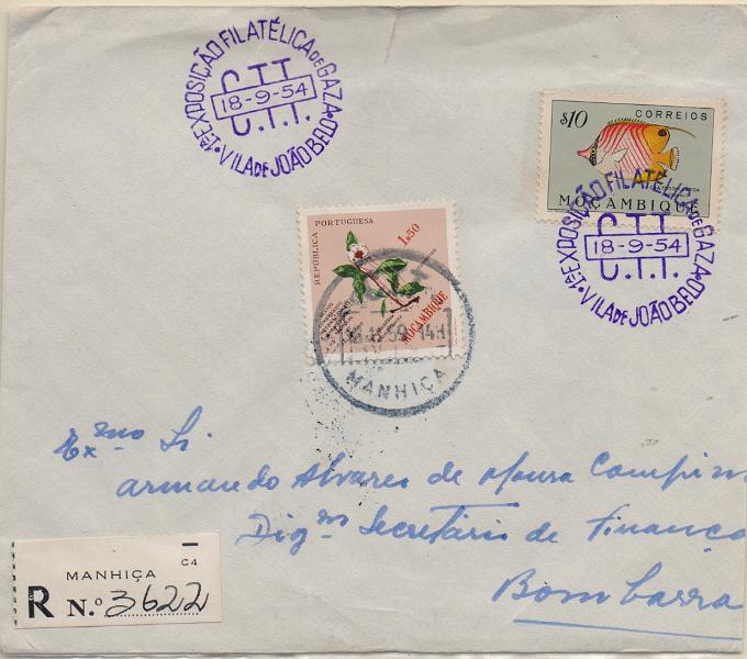 3391 f.jpg -     Lote:    3391 (frente)      Lotes pelo Correio              Descrição:         Carimbos circulares datados. Sobrescrito circulado registado de Manhiça (16.11.59) para Bombarral, com selos CE391, 413, 414 e 427. Carimbo batido a preto "MANHIÇA".        Carta       Valor Base:     &euro; 8,00     Valor Venda:     &euro;      